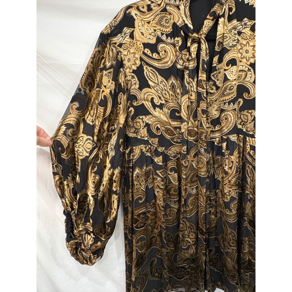 Alice + Olivia Silk Mini Dress Small Black Gold Paisley Tie Neck Goth Glamour - Picture 3 of 13